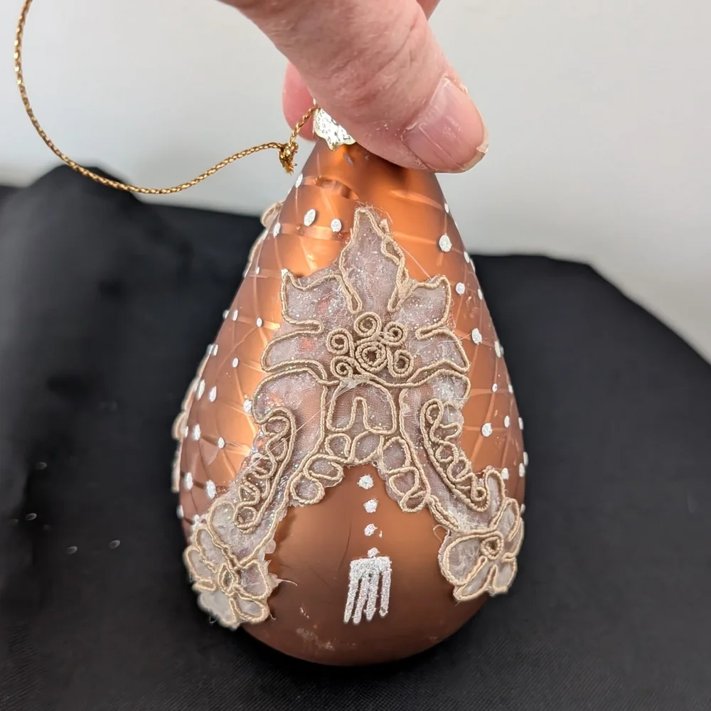 Christmas‎ Tear Drop Bronze Ornaments Decor Set Of 4 Lace-Like Applique Glitter